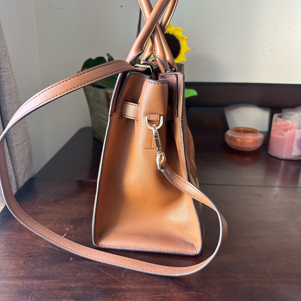 Michael Kors Brown and Tan Diagonal Stripe Leather Satchel - Picture 3 of 16